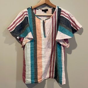 J.Crew Linen Flutter Sleeve Striped Blouse